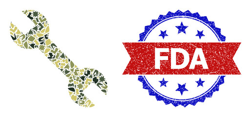 Military camouflage collage of spanner icon, and bicolor unclean FDA seal stamp. Vector seal with FDA title inside red ribbon and blue rosette, unclean bicolored style.