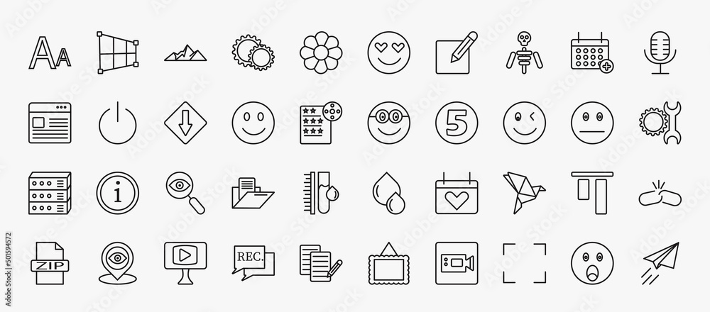 set of 40 user interface icons in outline style. thin line icons such ...