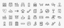 Set Of 40 Hotel And Restaurant Icons In Outline Style. Thin Line Icons Such As Checkroom, Eating Utensils, Beds, Valet, Doorknob, Wine Menu, No Smoking, Hotel, Dim Sum, Hostel, 24 Service, Or