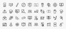 Set Of 40 E Learning And Education Icons In Outline Style. Thin Line Icons Such As Mobile Learning, Fountain Pen, Geography, Distance Teacher, Computer-based Training, Instructor, Ask, Trigonometry,
