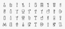 Set Of 40 Drinks Icons In Outline Style. Thin Line Icons Such As Cognac, Glass Of Wine, Tropical Itch, Ramos Gin Fizz, Martini, Last Word Drink, Pisco Sour, 007 Martini, Bloody Mary, Coffee Bean,