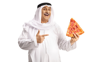 Poster - Smiling arab man in ethnic clothes holding a slice of pepperoni pizza and pointing