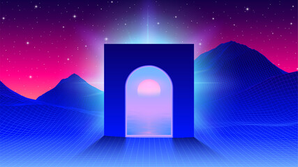 Poster - Abstract synthwave scene with arch or gate to another world with vaporwave sunset. 80s gaming mountain landscape with window or sureal portal.