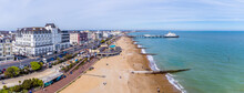 An Aerial Panorama View Along The Beach At Eastbourne, UK In Springtime