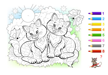 Wall Mural - Math education for little children. Coloring book. Mathematical exercises on addition and subtraction. Solve examples and paint the kittens. Developing counting skills. Worksheet for kids.