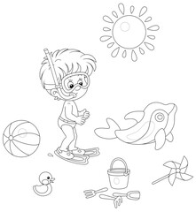 Wall Mural - Little boy with a diving mask, flippers, a snorkel and a set of funny beach toys for summer vacation by a sea, black and white outline vector cartoon illustration for a coloring book page