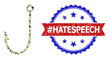 © Tensor Designs - Military camouflage mosaic of fish hook icon, and bicolor unclean #Hatespeech stamp. Vector watermark with #Hatespeech tag inside red ribbon and blue rosette, unclean bicolored style.