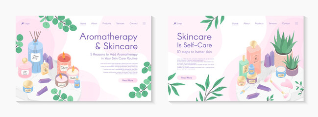 Web page design templates for aromatherapy treatment,skin care tutorial,spa,wellness,massage,cosmetics,self care.Vector illustrations concept for website,mobile website.Landing page layouts.