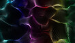 Fondo abstracto multicolor. Ondas musicales .3d ilustración. Malla ondulada o red con esferas de color.
