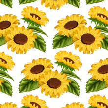 Bouquets Of Sunflowers In A Pattern.Colored Vector Pattern With Bright Sunflowers On A Transparent Background.