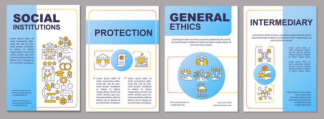 Social institutions importance blue brochure template. General ethics. Leaflet design with linear icons. 4 vector layouts for presentation, annual reports. Arial-Black, Myriad Pro-Regular fonts used