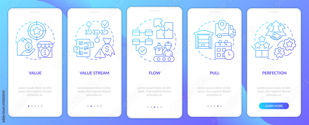Lean production key principle blue gradient onboarding mobile app ...