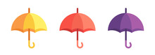 Flat Cartoon Umbrella. Set Of Red, Orange And Purple Umbrellas. Vector Clipart Isolated On White Background.