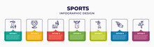 Sports Infographic Design Template With Golf Player, Golf Champion, Cricket Player With Bat, Mawashi, Man Playing Badminton, Starting Gun, Man Practicing Martial Arts Icons And 7 Option Or Steps.