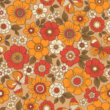 Colorful 60s -70s Style Retro Hand Drawn Floral Pattern. Orange And Red Flowers. Vintage Seamless Vector Background. Hippie Style, Print For Fabric, Swimsuit, Fashion Prints And Surface Design. Stock.