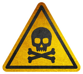 Wall Mural - yellow triangular sign. grungy style danger sign with skull and cross bones on white background. rus