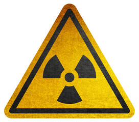 Wall Mural - radioactive (ionizing radiation) round yellow and black danger symbol painted on a massive rusty met