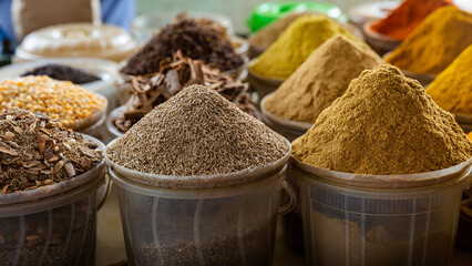 Different types of spices on the market in the city of Mombasa. Kenya