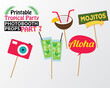 Set of printable tropical party photo booth props inspired by summer, sunshine and cruise vacations. Camera, mojitos, sign aloha, coconut juice and wooden sign mojitos. Hawaii vector elements.