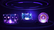 Neon Casino slot machine, Casino Roulette wheel, playing cards and hologram of digital rings in dark empty scene