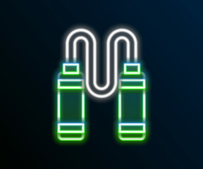 Poster - Glowing neon line Jump rope icon isolated on black background. Skipping rope. Sport equipment. Colorful outline concept. Vector