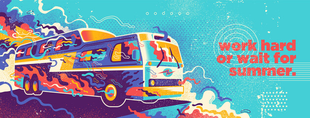 Wall Mural - summer background design in abstract style with retro bus and colorful splashing shapes. vector illu