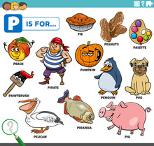 Letter P Words Educational Set With Cartoon Characters