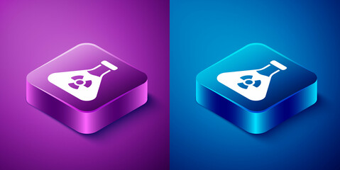 Sticker - Isometric Laboratory chemical beaker with toxic liquid icon isolated on blue and purple background. Biohazard symbol. Dangerous symbol with radiation icon. Square button. Vector