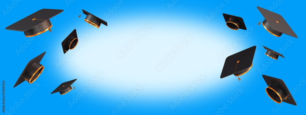Graduation caps in the air on a blue background. Congratulations to ...