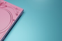A Turntable In A Pink Pastel Color On A Turquoise Background. Concept Of Making Music, Playing Music From A Classical Turntable. Audio Creation. 3d Render, 3d Illustration.