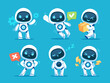 © Rudzhan - Set of cute white robots. Cyber characters with lightning bolts, cross sign, tick, box in hands and adjustment cogs. Artificial intelligence. Cartoon flat vector collection isolated on blue background