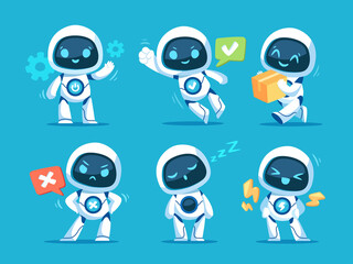 Fototapete - Set of cute white robots. Cyber characters with lightning bolts, cross sign, tick, box in hands and adjustment cogs. Artificial intelligence. Cartoon flat vector collection isolated on blue background