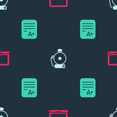 Poster - Set Laptop, Ringing alarm bell and Exam sheet with A plus grade on seamless pattern. Vector
