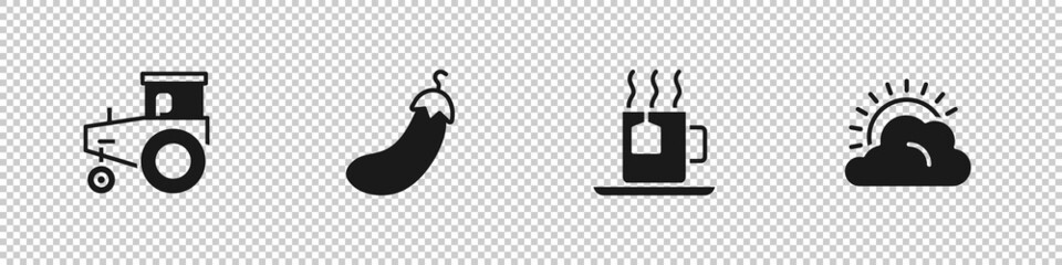 Sticker - Set Tractor, Eggplant, Cup of tea with tea bag and Sun and cloud weather icon. Vector