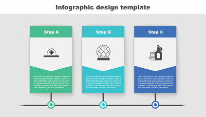 Sticker - Set Canadian ranger hat, Montreal Biosphere and Syrup with pancakes. Business infographic template. Vector