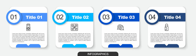 Sticker - Set line Medicine bottle and pills, Pills blister pack, Dialogue with the doctor and Eye drop. Business infographic template. Vector