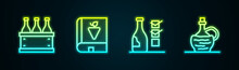 Set Line Bottles Of Wine In Box, Book About Grapes, And Wine Italian Fiasco Bottle. Glowing Neon Icon. Vector