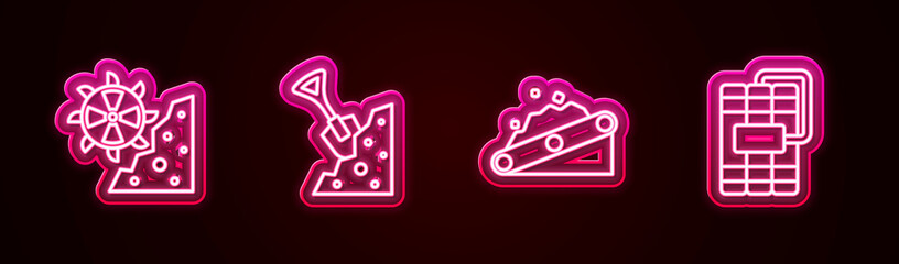 Sticker - Set line Bucket wheel excavator, Shovel and stone, Conveyor belt carrying coal and Dynamite. Glowing neon icon. Vector