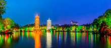 Guilin Chinese Garden Twin Towers Ancient Building Night View