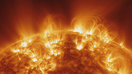 Fotobehang - Our star with magnetic storms. Plasma flash on the surface of a our star with lot of stars 