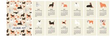 Dog Calendar 2023. Cute Decorative Calendar In A3 Format. Collection With 12 Dogs. Different Breeds. Minimalistic Design. Seamless Pattern Inside. Flat Style In Vector Illustration.