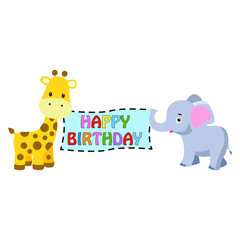 Wall Mural - Happy birthday banner holding with giraffe and elephant