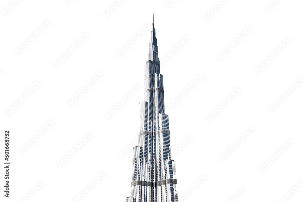 Burj Khalifa, tallest building in the world on white isolated background