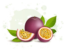 Passion Fruit Vector Illustration With Half Piece And Slices Of Passion Fruit With Green Leaves