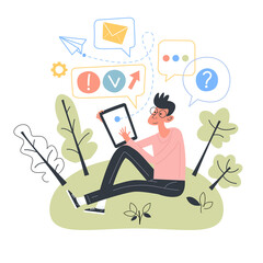 Poster - The concept of modern communication. The person communicates on the Internet. Character with tablet or smartphone outdoors. Illustration for a web page. Flat design.