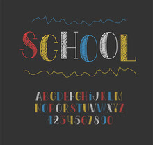 School Kids Font. Chalk English Letters And Numbers From 0 To 9. Kindergarten Alphabet.