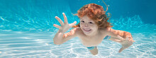 Child Underwater. Funny Face Portrait Of Child Boy Swimming And Diving Underwater With Fun In Pool. Banner For Header, Copy Space. Poster For Web Design.