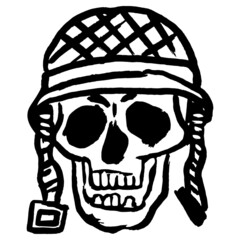 Wall Mural - Black and white vector rough sketch of a skull in a helmet. Hand-drawn outline doodle isolated on transparent background