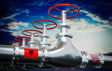 Wall Mural - Gas pipeline, flags of Albania and Norway - 3D illustration