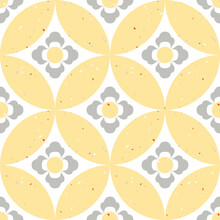 Seamless Vector Traditional Asian Pattern With Gray Flowers On A Yellow Speckled Background